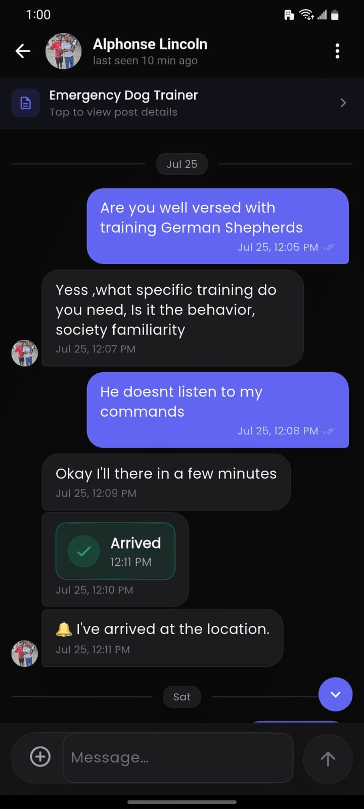 A Help24 chat between a customer and a provider, with the job pinned above the messages and an Arrived notice from the provider.
