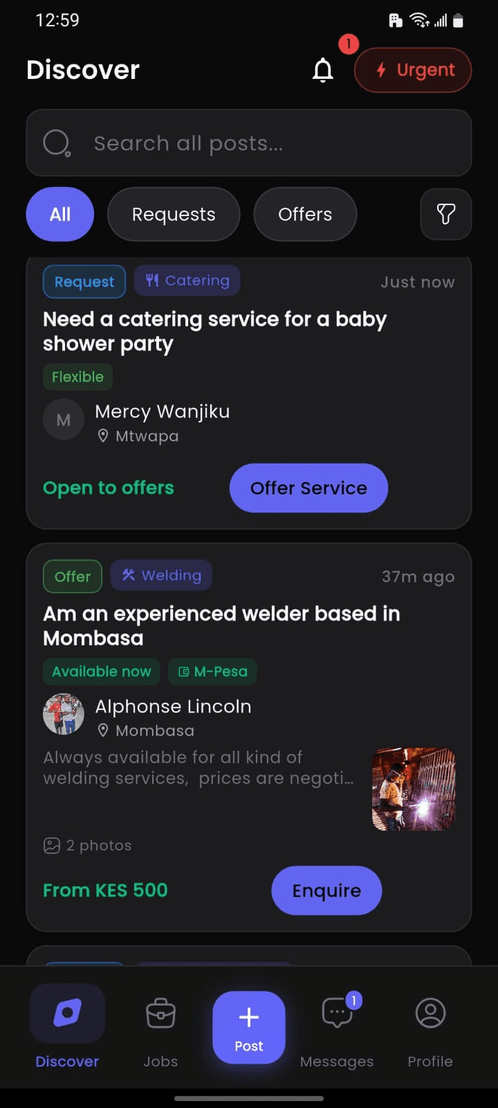 The Help24 Discover feed: a search field, All / Requests / Offers filters, and cards for a catering request in Mtwapa and a welding offer in Mombasa showing budgets and Offer Service and Enquire buttons.
