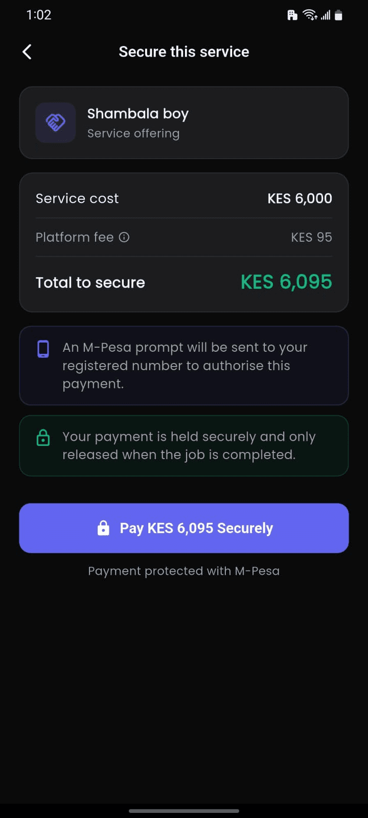 The Help24 payment screen: service cost, platform fee and total to secure, a note that an M-Pesa prompt will be sent, and a Pay Securely button.